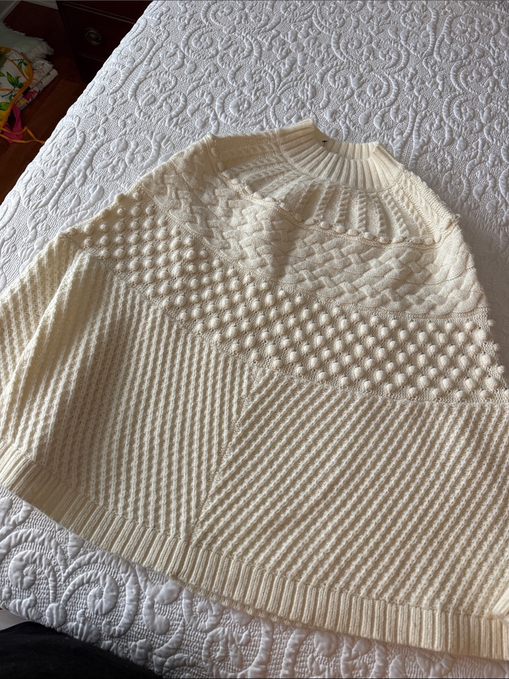 Cream Textured Knit Sweater/ Cape - Women's Cozy Pullover